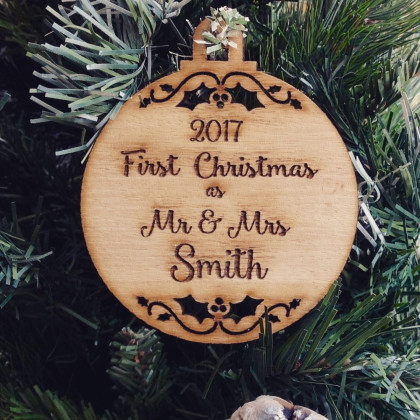 Christmas Bauble- First Christmas as Mr & Mrs Custom Surname & Year