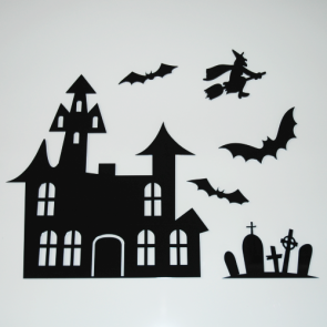 Acrylic Halloween House,Tombstone, Bat & Witch Wall Set